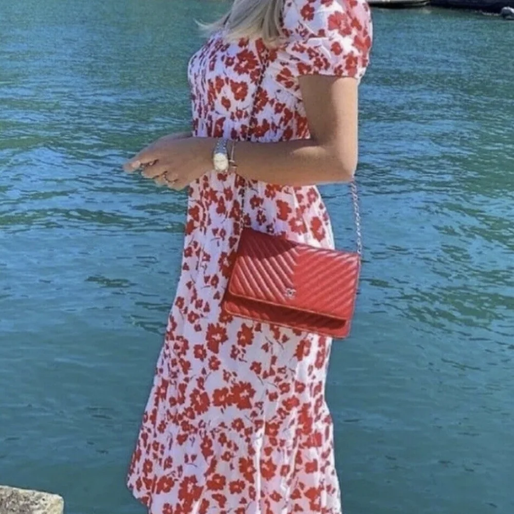 Zara Printed Poplin Dress, White/red, Size XS, NWT puff Sleeve midi